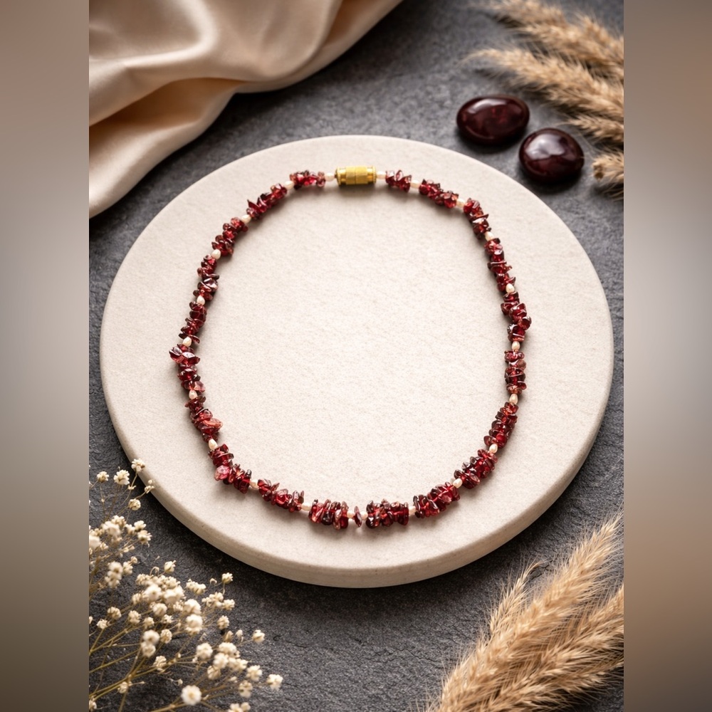 Garnet & Pearl Chip Necklace | 16” | Red Gemstone Beaded Birthstone